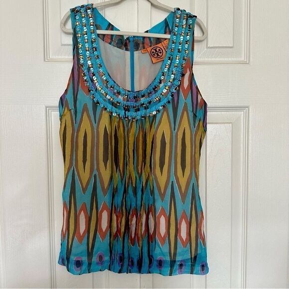 Tory burch blue multicolor printed silk embellished beaded tank blouse 2 small - Picture 1 of 8
